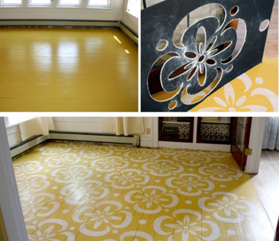 To make a repeating pattern on the floor, one finished stencil was used.