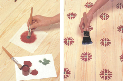 Applying paint through a stencil and varnishing the floor