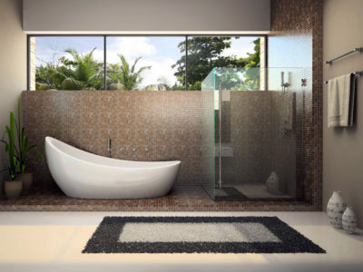 Le tapis de sol noir et blanc complète la palette de couleurs de la salle de bain