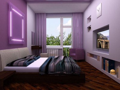 Dormitorio en tonos marrones violetas.