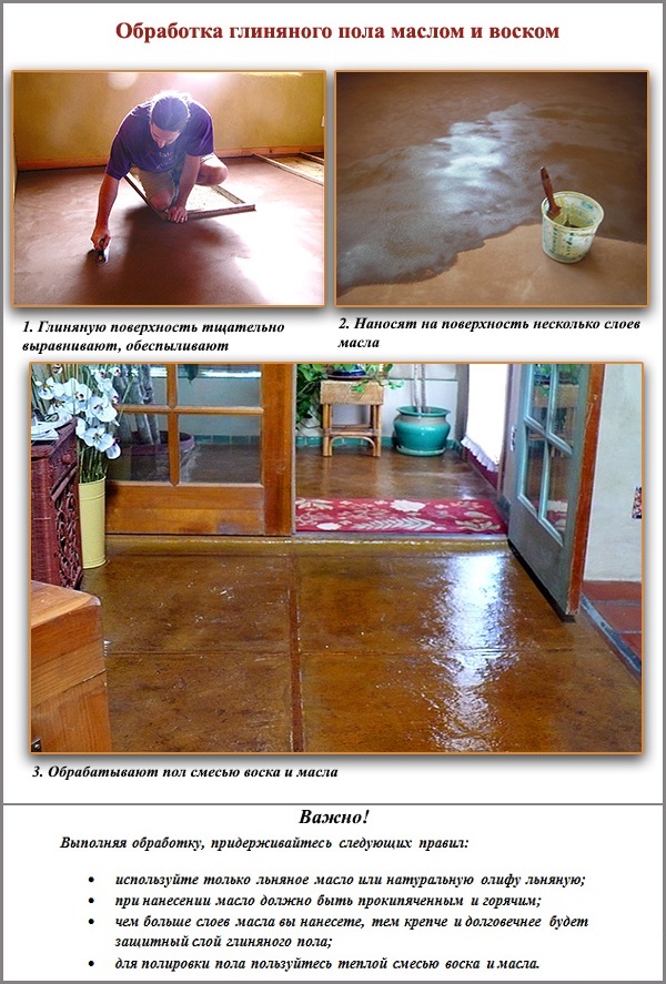 Processing clay floors with oil and wax