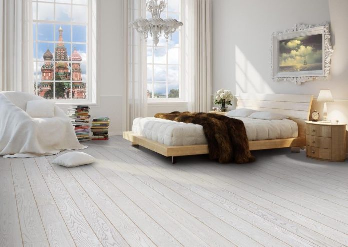Klassisk hvidt soveværelse med hvidt laminat