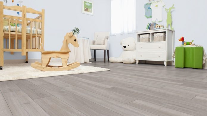 Laminate under a bleached gray oak on the floor in the nursery