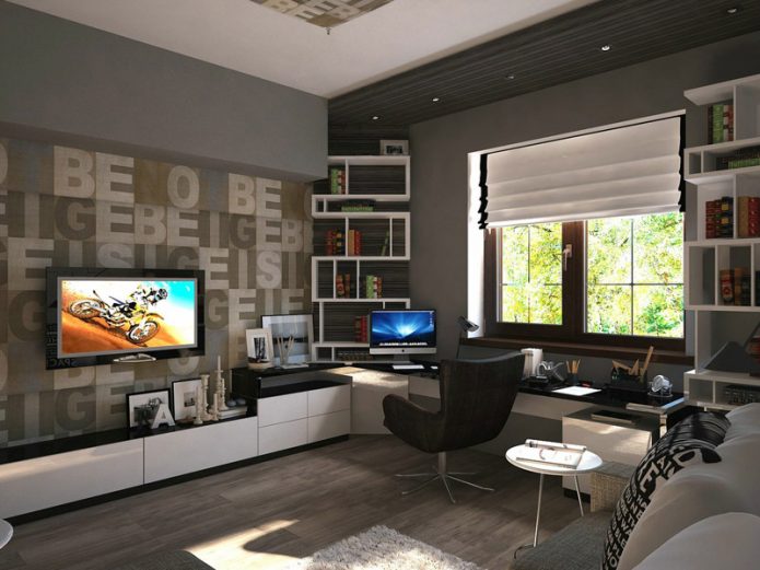 Modern belső szoba egy tinédzser számára szürke árnyalatú