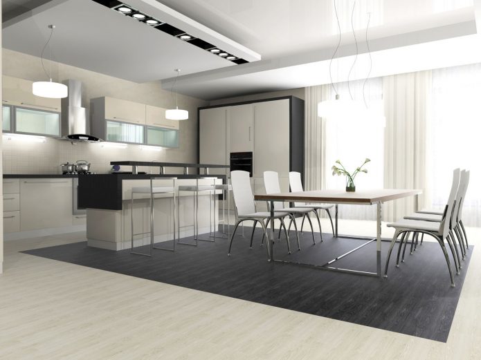 Design av ett kök-matrum i svartvitt