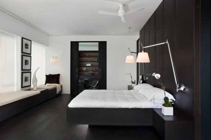 The interior of the bedroom in dark colors