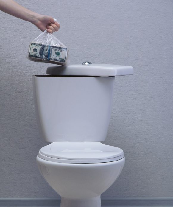 Pinigų krepšys rankoje šalia tualeto dubenėlio