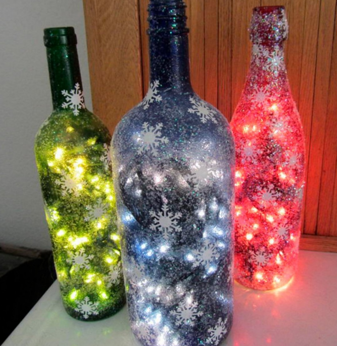 Stiklinių butelių šventinis dekoras