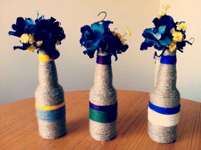Vases from bottles decorated with twine