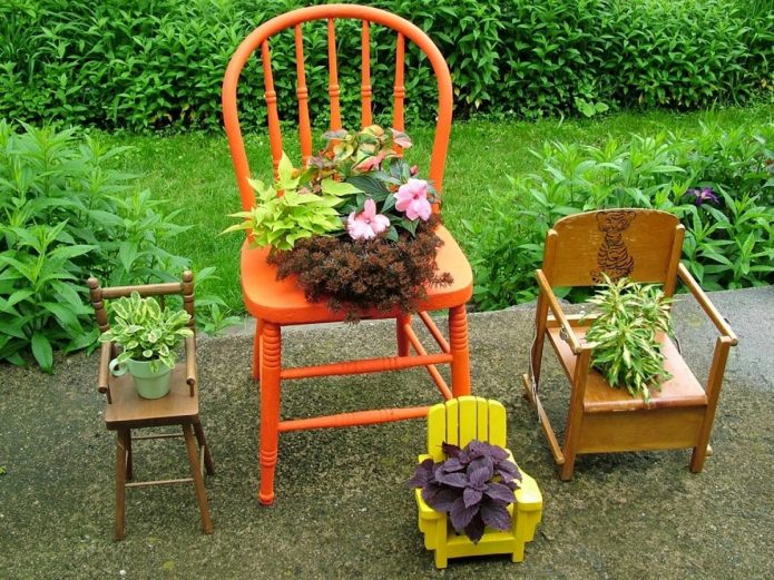 Canteiros de flores pequenas em cadeiras velhas