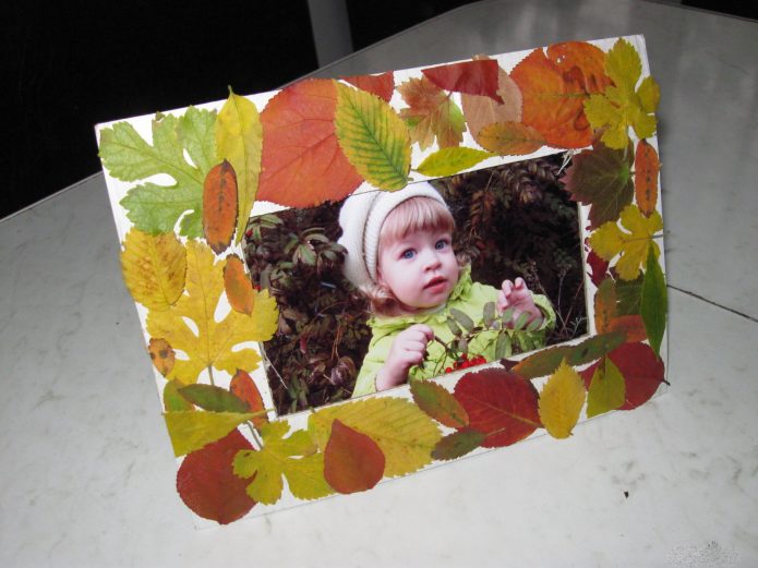 Cardboard photo frame in the decor of leaves