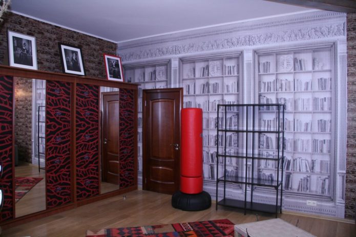 Wardrobe in the living room decorated with wallpaper
