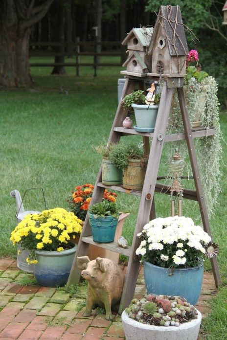 Decoración de una escalera de mano y flores en el país